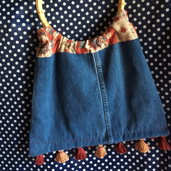 Boho Bag Boutique Handbag Vintage Toile & Denim w Bamboo Handle HANDMADE IN USA - Picture 3 of 4